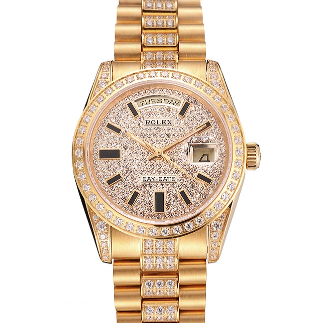 Aaa replica watch Day Yellow Diamond Swiss Gold Date Rolex Pave 0522